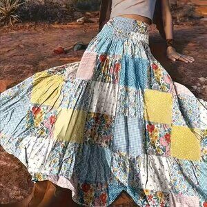 *SOLD* New Elastic Waisted Patchwork Look Long Skirt Skirt XL XXL Versatile